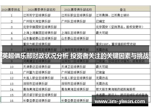 英超俱乐部财政状况分析 投资者关注的关键因素与挑战